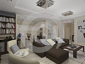 3D illustration of a drawing room and kitchen in style eclecticism in beige and brown tones photo