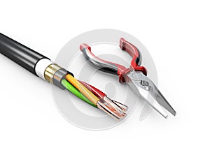 3d Illustration of Electric cable with pliers. Copper electrical cable in multi-colored insulation on a white background