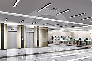 3D illustration elevator and workspace in modern office building