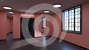 3d illustration. Empty pink wall with door