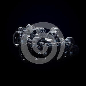 3d illustration of engine gear wheels, closeup view