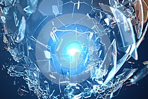 3D Illustration Exploding light bulb on a blue background, with concept creative thinking and innovative solutions.