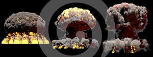 3D illustration of explosion - 3 big different phases fire mushroom cloud explosion of atom bomb with smoke and flame isolated on