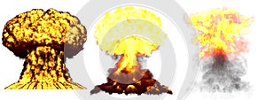 3D illustration of explosion - 3 big high detailed different phases mushroom cloud explosion of nuke bomb with smoke and fire