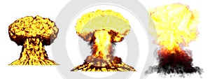 3D illustration of explosion - 3 big very high detailed different phases mushroom cloud explosion of nuke bomb with smoke and fire