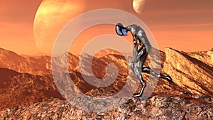Illustration of an extraterrestrial wearing a spacesuit standing on a mountaintop slumped over in exhaustion with an alien planet photo