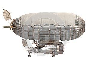 3d illustration of a fantasy airship in steampunk style on isolated white background