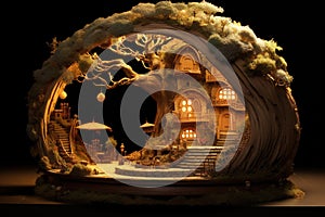 3D Illustration of a Fantasy Fairy Tale Landscape with Trees, pixar 3d image of a miniature elf dwelling and garden in an old