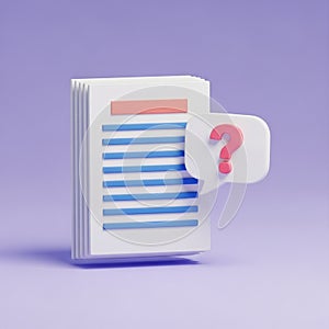 3D Illustration of a Stack of Documents with a Question Mark Speech Bubble paper file