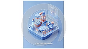 A 3D illustration features a stylized network of interconnected microchip-like elements on a dark surface