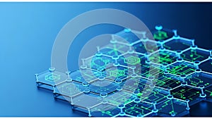 A 3D illustration features a stylized network of interconnected, microchip-like structures on a dark surface