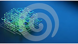 A 3D illustration features a stylized network of interconnected, microchip-like structures on a dark surface