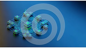 A 3D illustration features a stylized network of interconnected, microchip-like structures on a dark surface