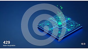 A 3D illustration features a stylized network of interconnected, microchip-like structures on a dark surface