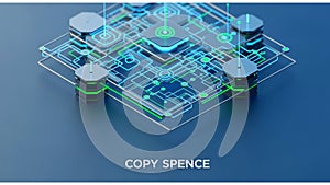 A 3D illustration features a stylized network of interconnected, microchip-like structures on a dark surface