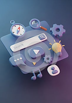 3D illustration featuring digital interface elements on a flat surface, including a search