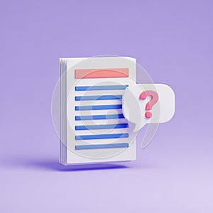 3D Stack of Documents with a Question Mark Speech Bubble on Purple Background paper