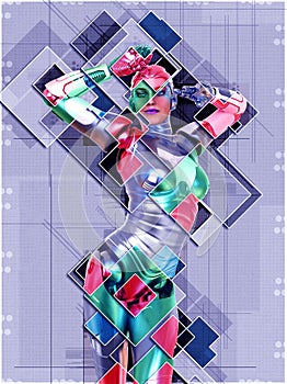 Female cyborg in collage style 3d illustration