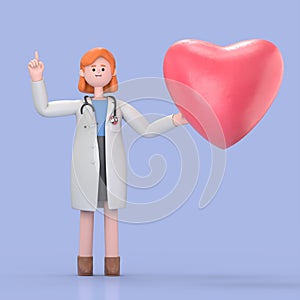 3D illustration of Female Doctor Nova with heart shape.Medical presentation clip art isolated on blue background.