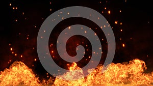3D illustration. fire and Burning embers glowing. Fire Glowing Particles on Black Background