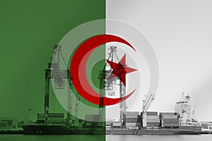 3D Illustration Flag of Argelia with image of harbour cranes loading ship photo