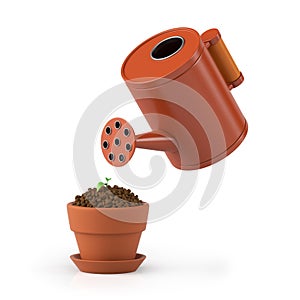 3D illustration. The flower in a pot waters