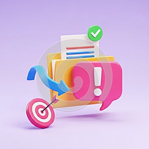 3D illustration of a folder with documents, a target, an arrow, a speech bubble, and a checkmark