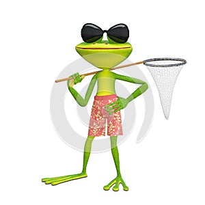 3D Illustration of a Frog with a Butterfly Net