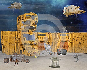 3D Illustration of Futuristic dystopian work camp manned by robotic cyber drones