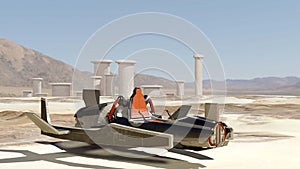 3d illustration of a futuristic speeder bike in a desert environment with a primitive city in the background - fantasy painting photo