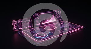 A 3D illustration of a futuristic user interface featuring floating elements on a dark