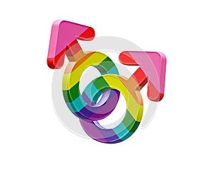 3D Illustration of gay couple symbol with LGBTIQ PRIDE colorful rainbow flag in white background photo