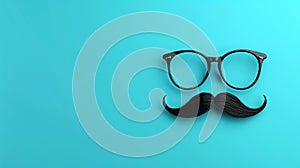 3d illustration of glasses and mustache over blue background with copy space photo
