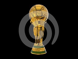 Gold FIFA world cup trophy showing Asian map on black background
