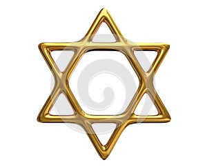3D illustration of Gold star of David isolated on white background
