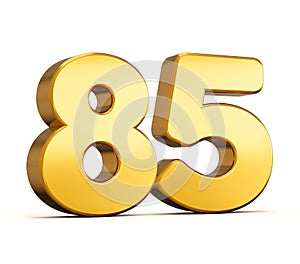 3d illustration of golden number Eighty five or 85 isolated on white background with shadow.