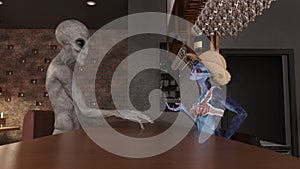 Illustration of a gray alien wanting service at a bar photo