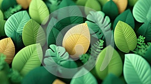 3D illustration of green leaves with a standout yellow leaf. environmental and botanical concept photo