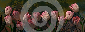 A 3d illustration of a group of tulips in a web banner format