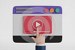 3D Illustration of a Hand Clicking a Play Button on a Video Player Interface