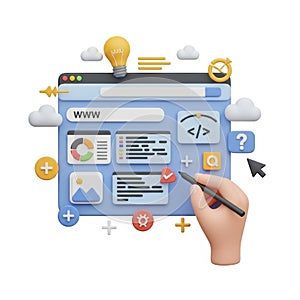 3D illustration of a hand coding on a website development interface with icons and a lightbulb image