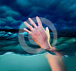 Drowning victims, Hand of drowning man needing help. 3d illustration photo