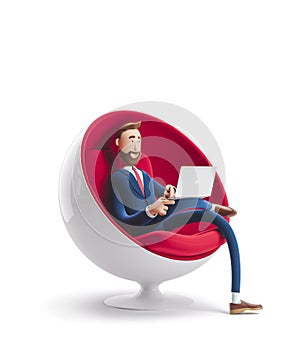 3d illustration. Handsome businessman Billy sitting in an egg chair with laptop.