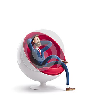 3d illustration. Handsome businessman Billy sitting in an egg chair and resting in a calm pose. photo