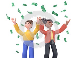 3D illustration of happy business team celebrates success standing under money rain banknotes cash falling on white background