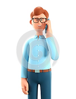 3D illustration of happy man talking on the phone. Close up portrait of cute smiling businessman using smartphone