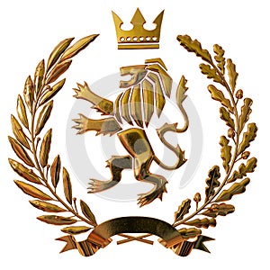 3D illustration Heraldry, coat of arms. Golden olive branch, oak branch, crown, shield, lion. Isolat.