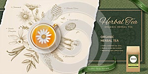 Engraving style herbal tea ads