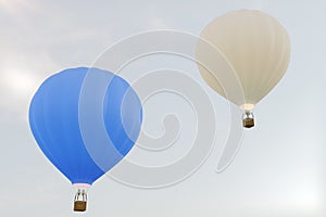 3D illustration hot air balloon on sky background. White, red, blue, green and yellow air ballon flyes on sky.