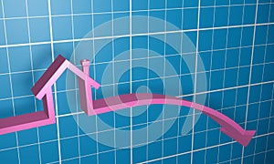 An 3D illustration of a house icon in an downward direction. An negative falling trend in real estate price. 3D rendering